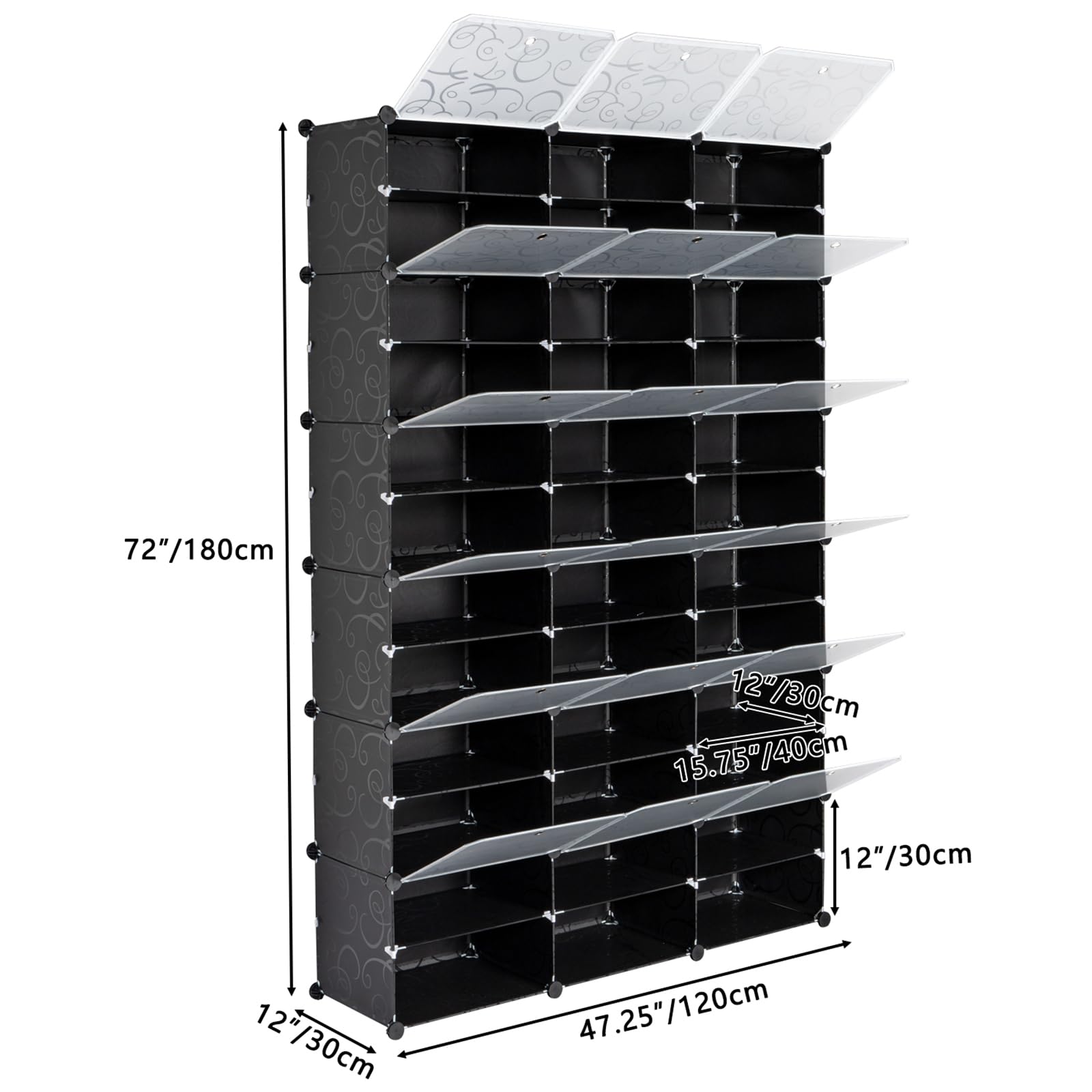 Portable 12-Tier Shoe Cabinet - 72-Pair Shoe Storage with Covers - Expandable Free Standing Tower Shelf for Heels, Boots, Slippers - Black