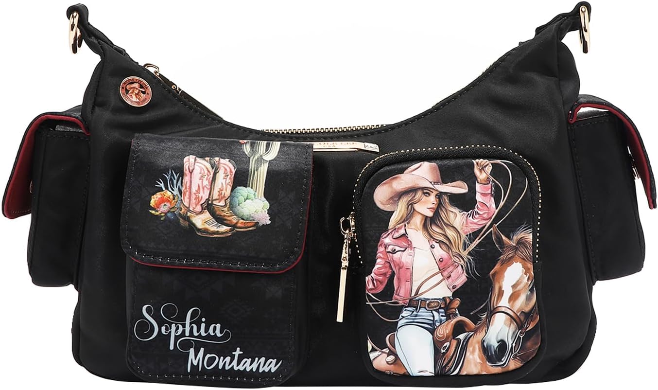 Nicole Lee Sofia Montana Nylon Crossbody Bag,Gold-tone Hardware, Adjustable Shoulder Strap, Multiple Pockets, Geometric Print Lining Fall (Sofia Montana)