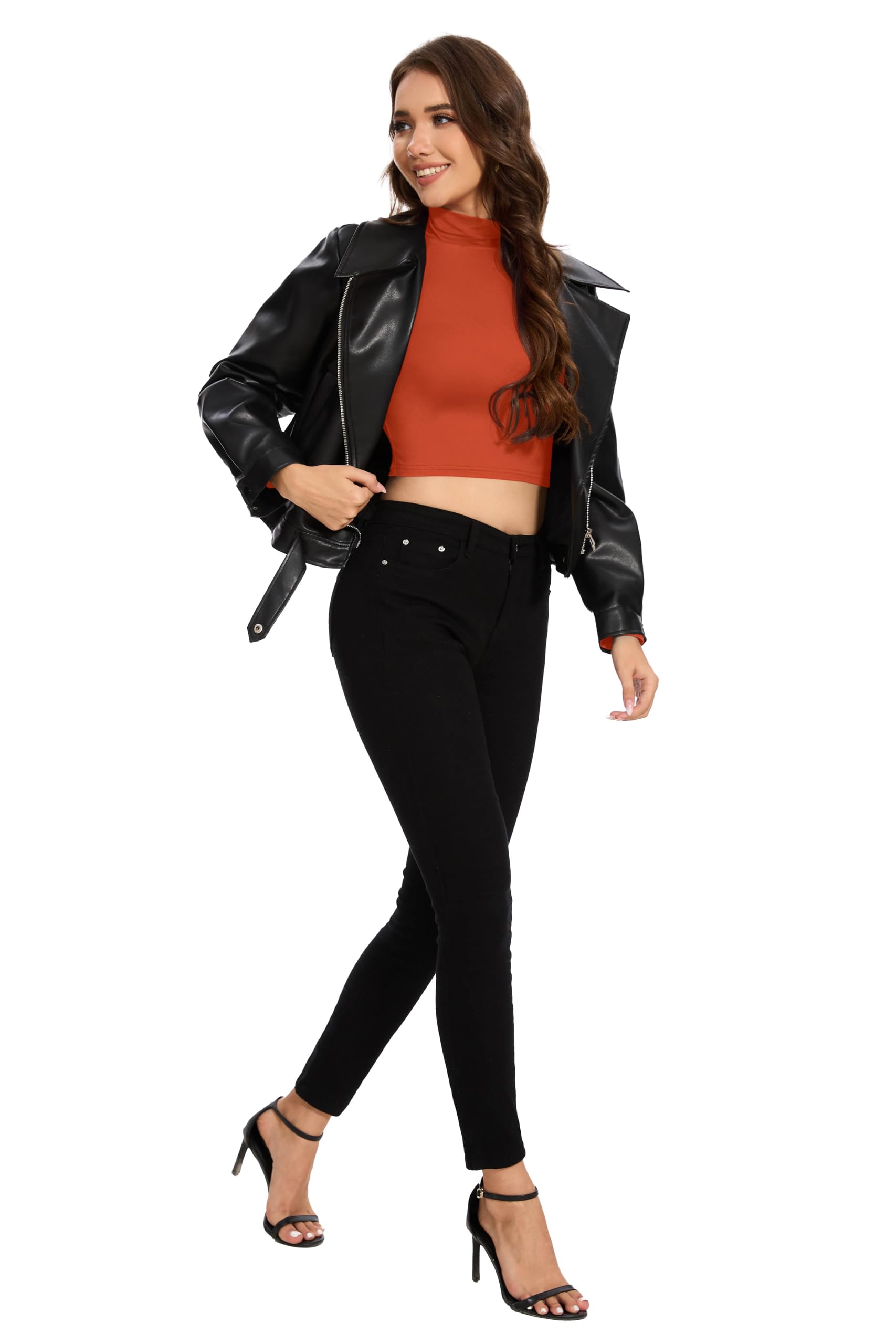 MadHeart Womens Long Sleeve Crop Tops Slim Fit Cropped Mock Neck Base Layer Shirts: Orange Medium