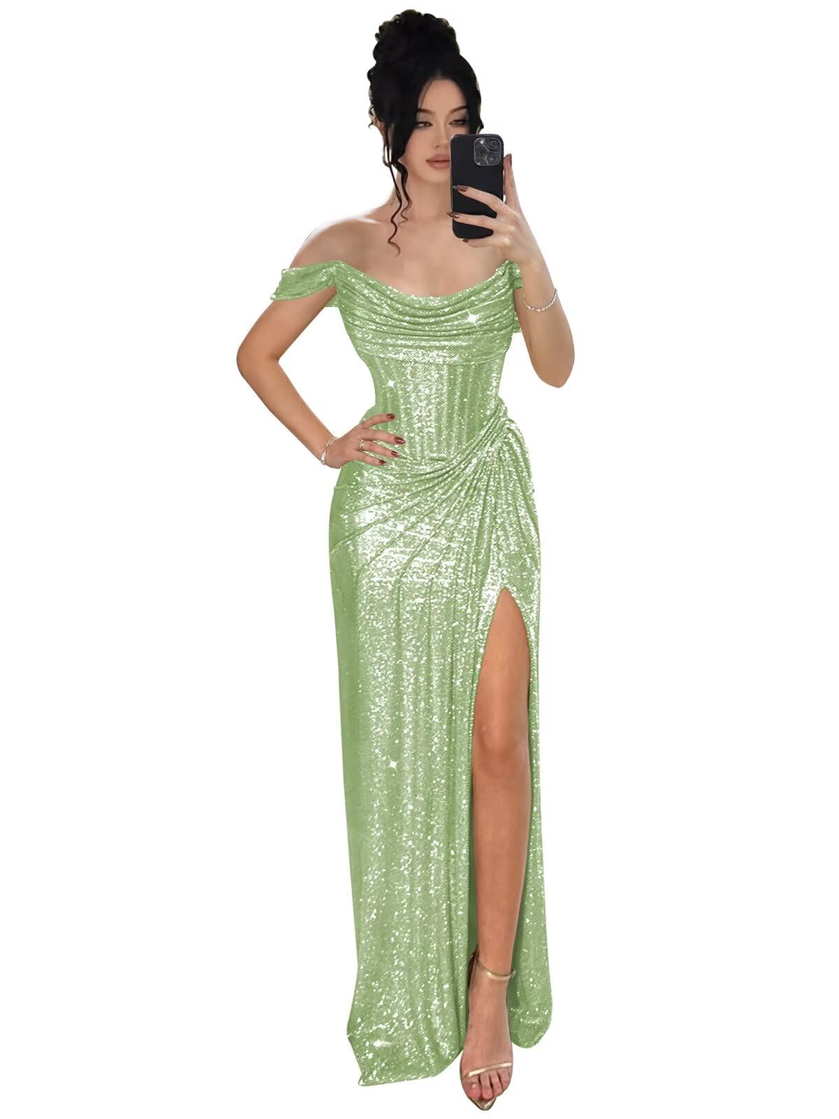 Off The Shoulder Mermaid Prom Dresses for Women Sparkly Sequin Long Formal Dress with Slit