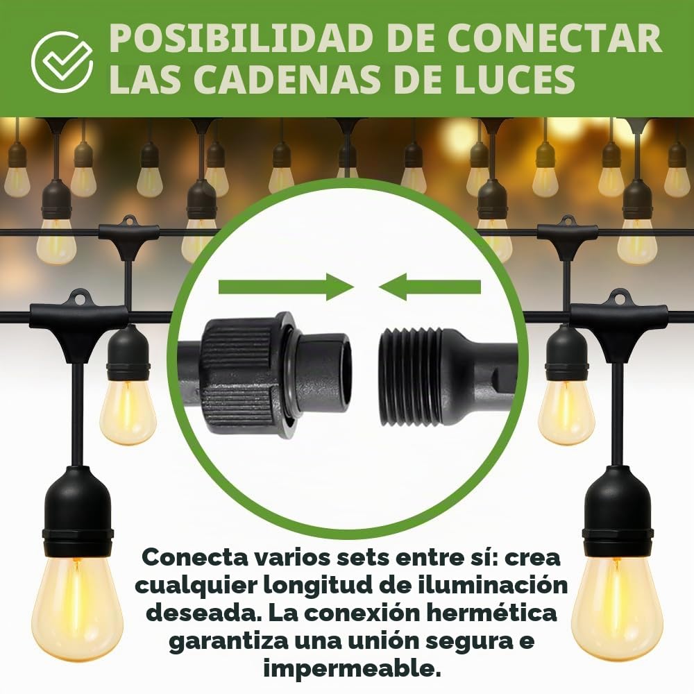 KRUMAD Cadena de luces LED para exteriores de 20 metros, E27, bombillas de luz cálida 2700K, resistente a la intemperie, cadena de luces para exteriores IP44 para jardín, balcón, terraza, decoración
