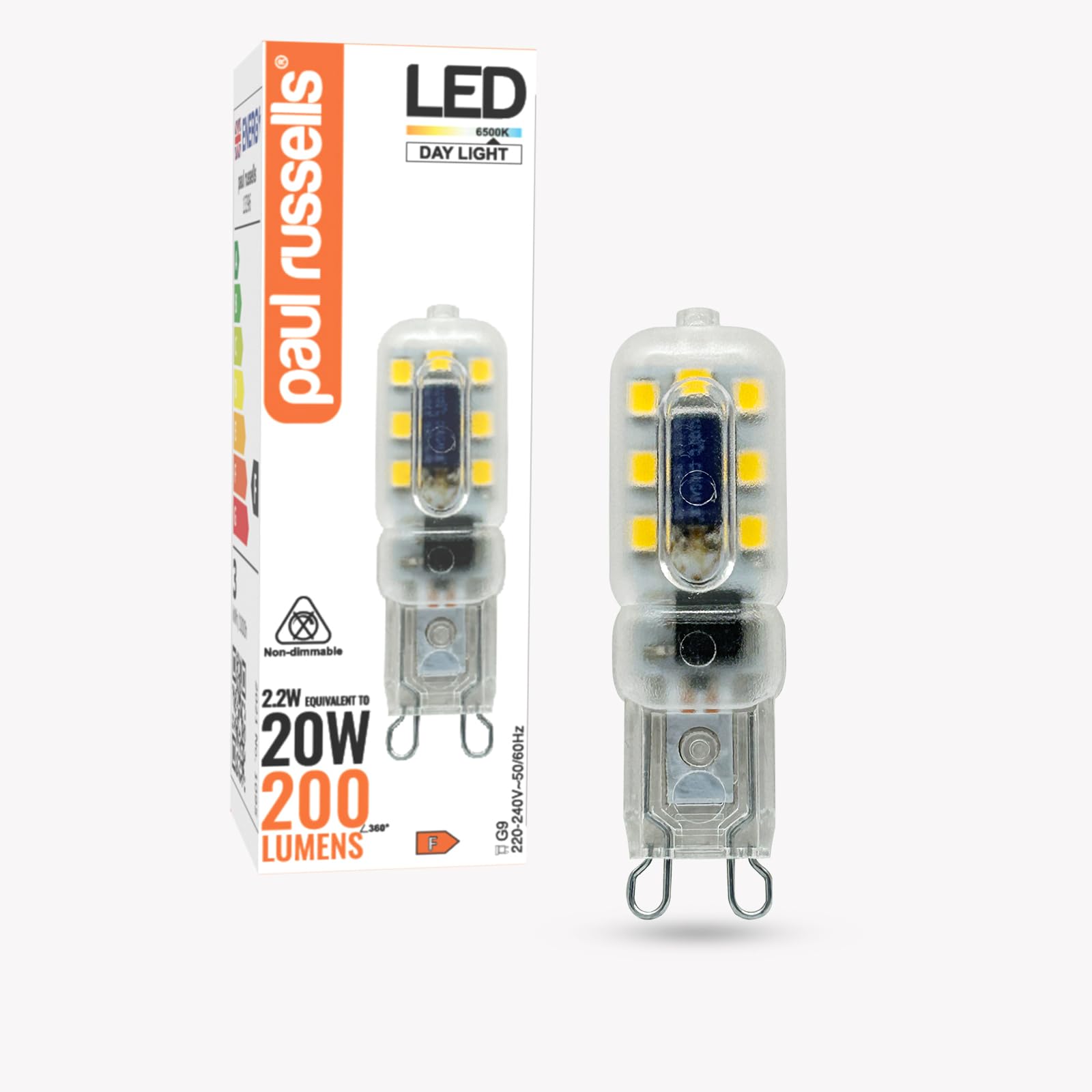 paul russells LED Bulbs, 2.2W, Daylight 6500K, 200LM, Equivalent to 20W G9 Halogen Bulbs, Non-Dimmable, Energy Saving G9 Bi-Pin Capsule Bulb, for Home Lighting Chandelier Lamp Decor, 1 Pack