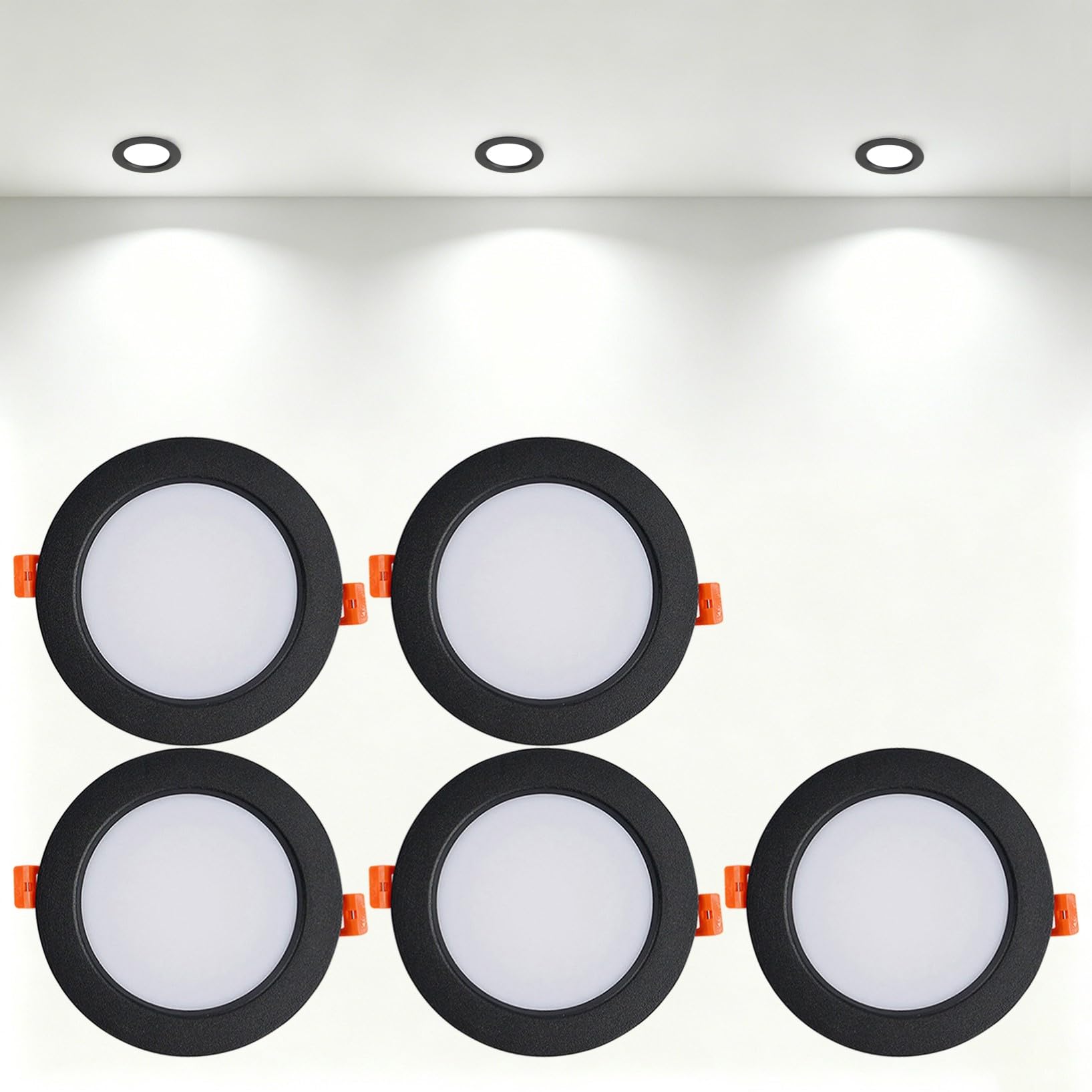 VOGHMOLD 12W Ultra Slim LED Downlight Recessed Ceiling Light 4 inch, 6000K Spot Lights Black Aluminum Trim, Cut Φ110-130mm, AC110-240V Panel Lighting for Office Hallway Closet, 5 Pack