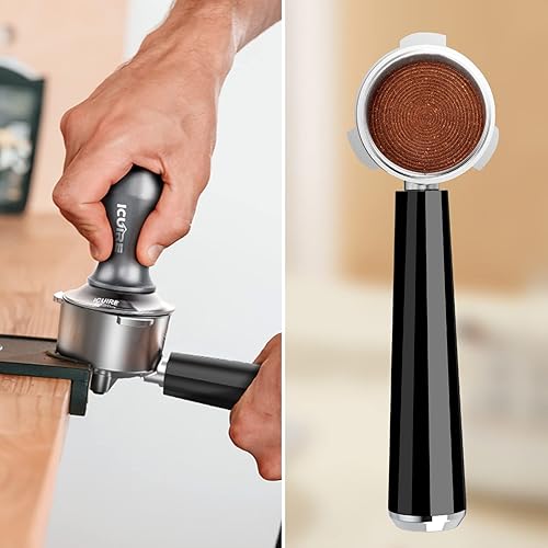 Miniatura 8 de ICUIRE Manipulación de café expreso de 2.283in, manipulador de café premium para máquina de espresso con resorte calibrado, base plana de acero