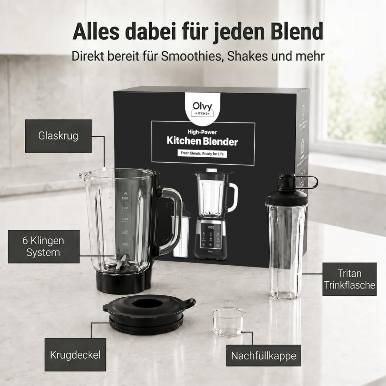 Olvy Standmixer Smoothie Maker 1500ml Glas To-Go LED Timer 6 Klingen-Black