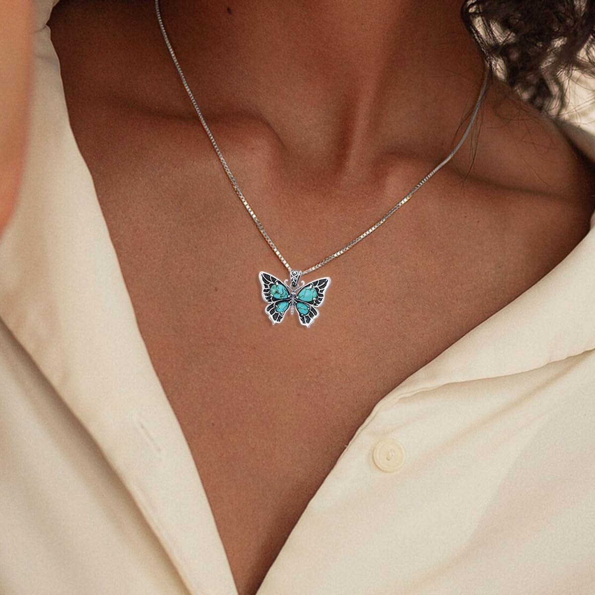 Genuine Turquoise Butterfly Pendant Necklace, Sterling Silver Vintage Native American Western Jewelry Birthdays Gift for Women - Image 4