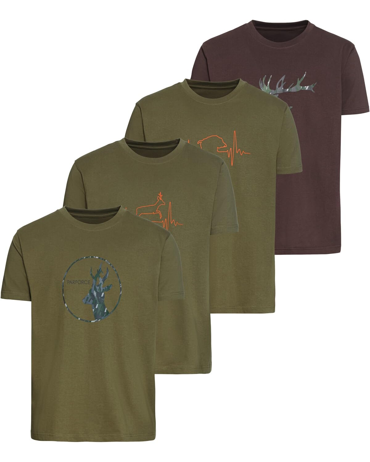 Parforce T-Shirts 4er-Pack Jagdprint | T-Shirts im 4er-Pack mit verschiedenen jagdlichen Printmotiven, wie Keiler-Beat, Bock-Beat, Hirsch-Camo und Bock-Camo.
