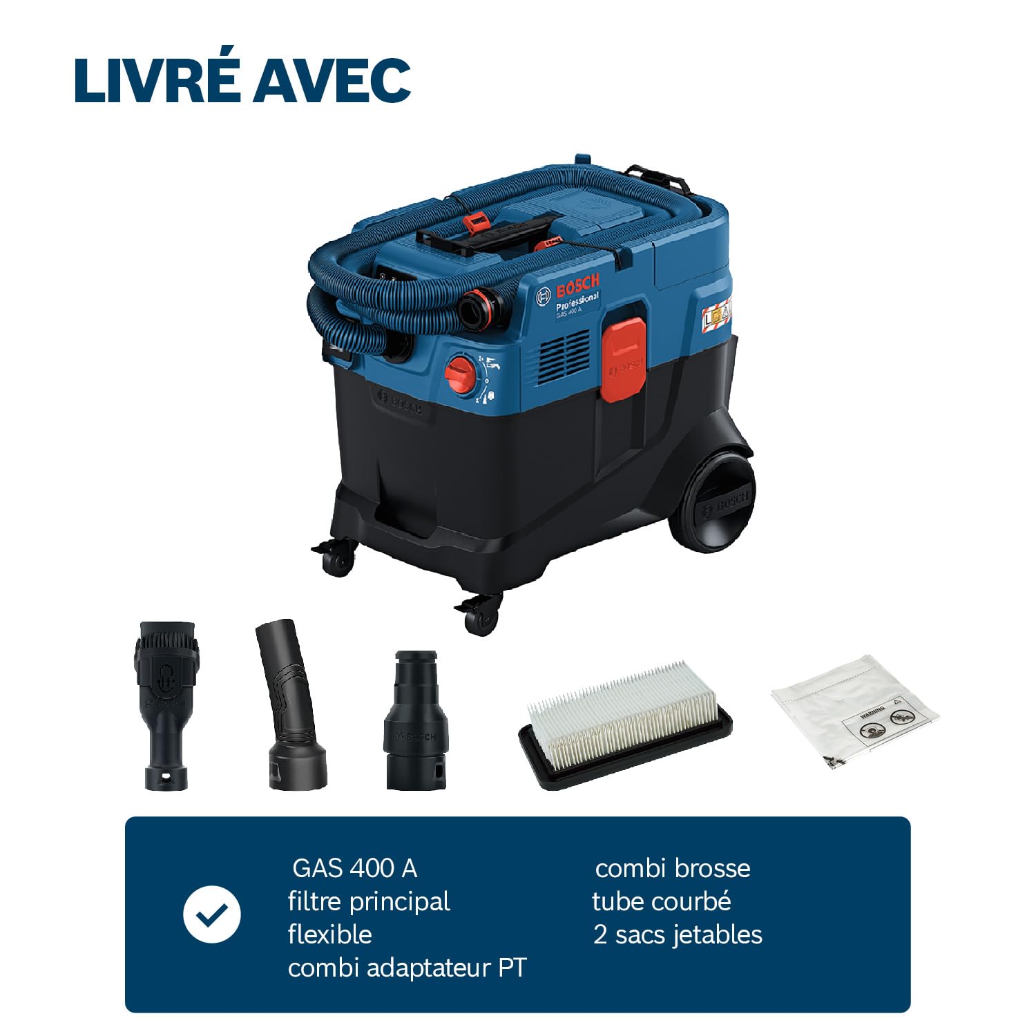 Bosch Professional Aspirateur polyvalent GAS 400 A (1 200 W, système de nettoyage automatique de filtre (AFC), y compris filtre principal, flexible, adaptateur PT, tube courbé, 2x sacs jetables)