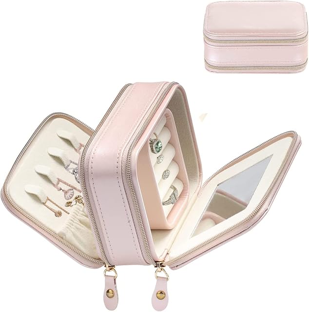 JXINLODGEG Jewellery Boxes with 2 Zippers, Small Travel Jewellery Case with Mirror, Gift for Women and Girls' Rings, Earrings, Necklace Organiser Jewelry Storage Box, Small Size (Pink)