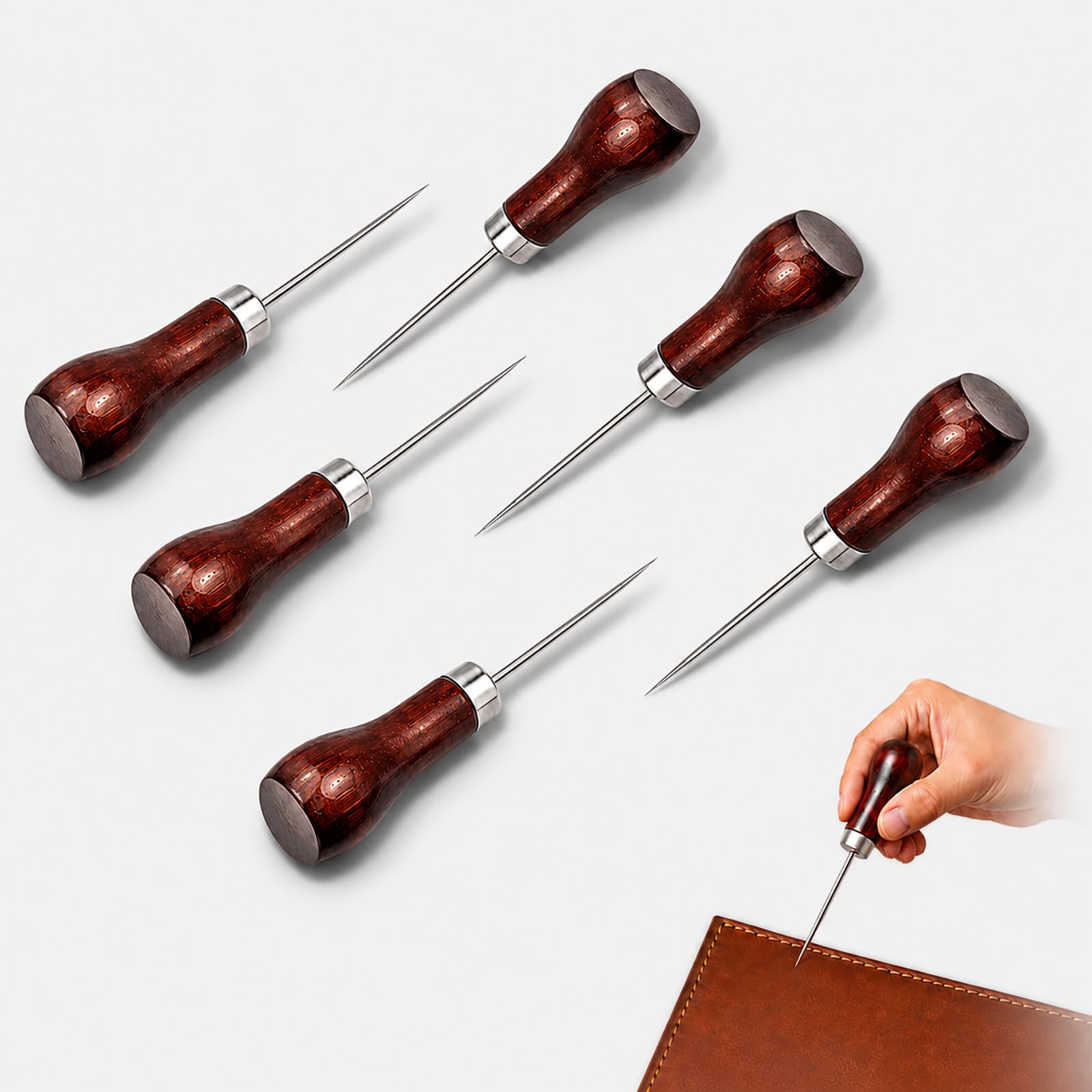 6PCS Gourd Shape Wooden Handle Awl Tool – Sharp Metal Tip for Leather Craft, Cloth Pouch Hole, Sewing, Hand Punching & DIY Making – 11.3cm