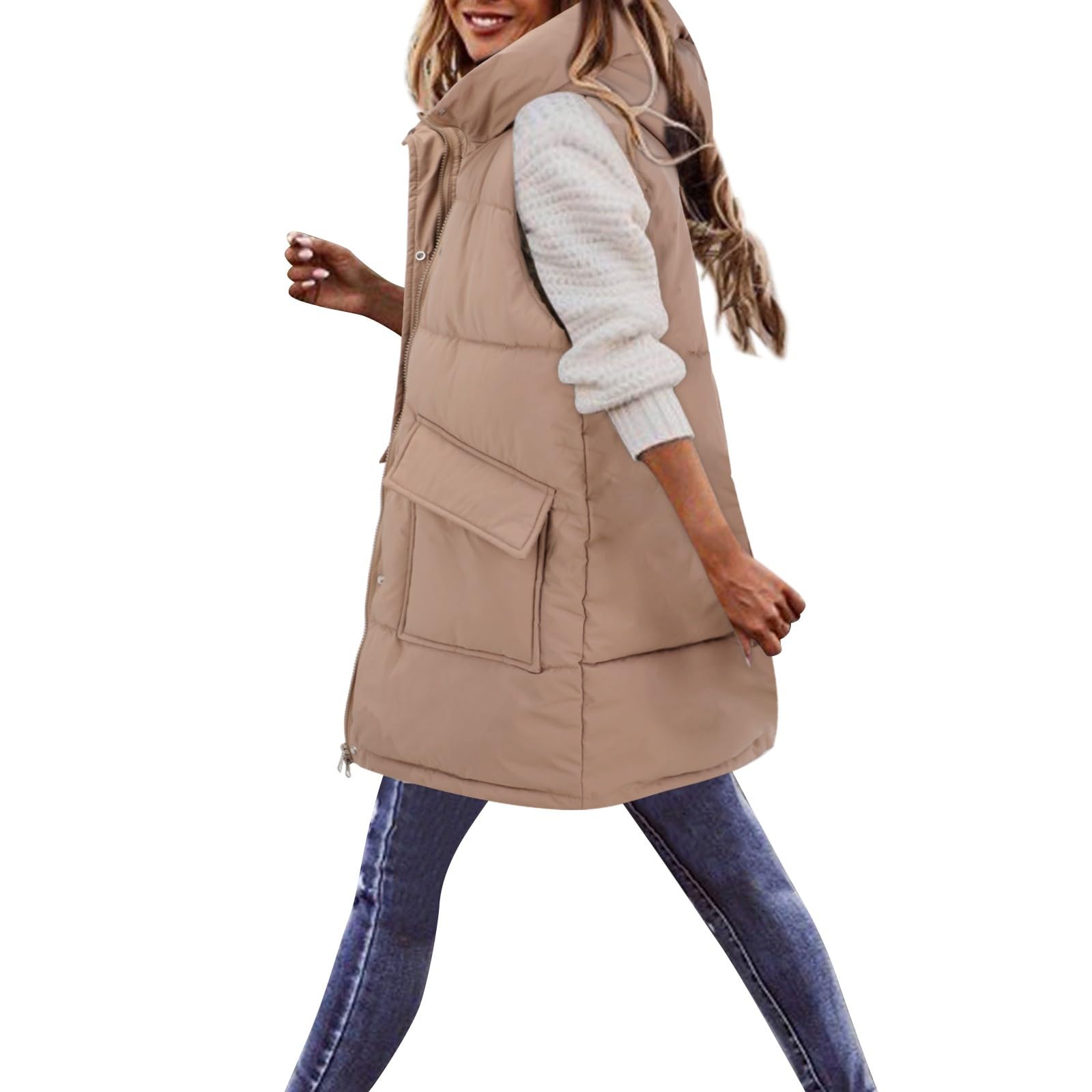 Gilet da donna e gilet da donna, piumini lunghi da donna, senza maniche, con cerniera, con cappuccio, gilet trapuntato, giacca invernale calda da donna, top con cerniera, piumino casual con tasche