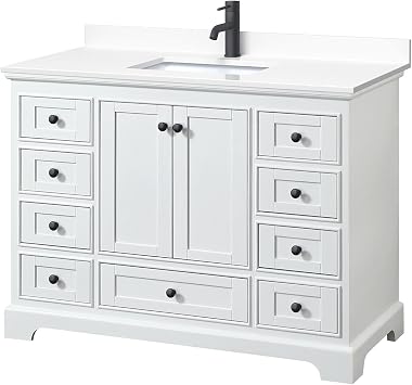 Wyndham Collection Deborah 48 Inch Single Bathroom Vanity in White, White Cultured Marble Countertop, Undermount Square Sink, Matte Black Trim