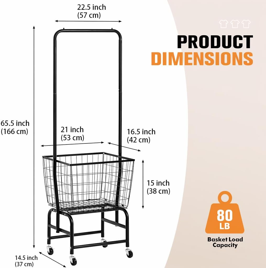 ALIMORDEN Rolling Laundry Cart with Hanging Rack & Extra Large Basket,Black | Extra deep metal basket, 360° lockable casters, powder coated frame for laundry room & bedroom storage