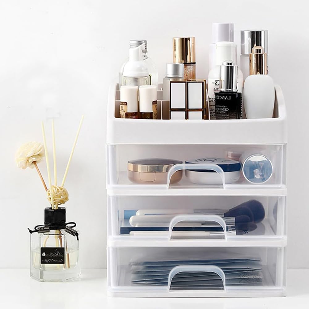 Kuber Industries 3 Layer Cabinet Drawer Box|Desktop Storage Box|Multi Drawer Storage Organizer| White