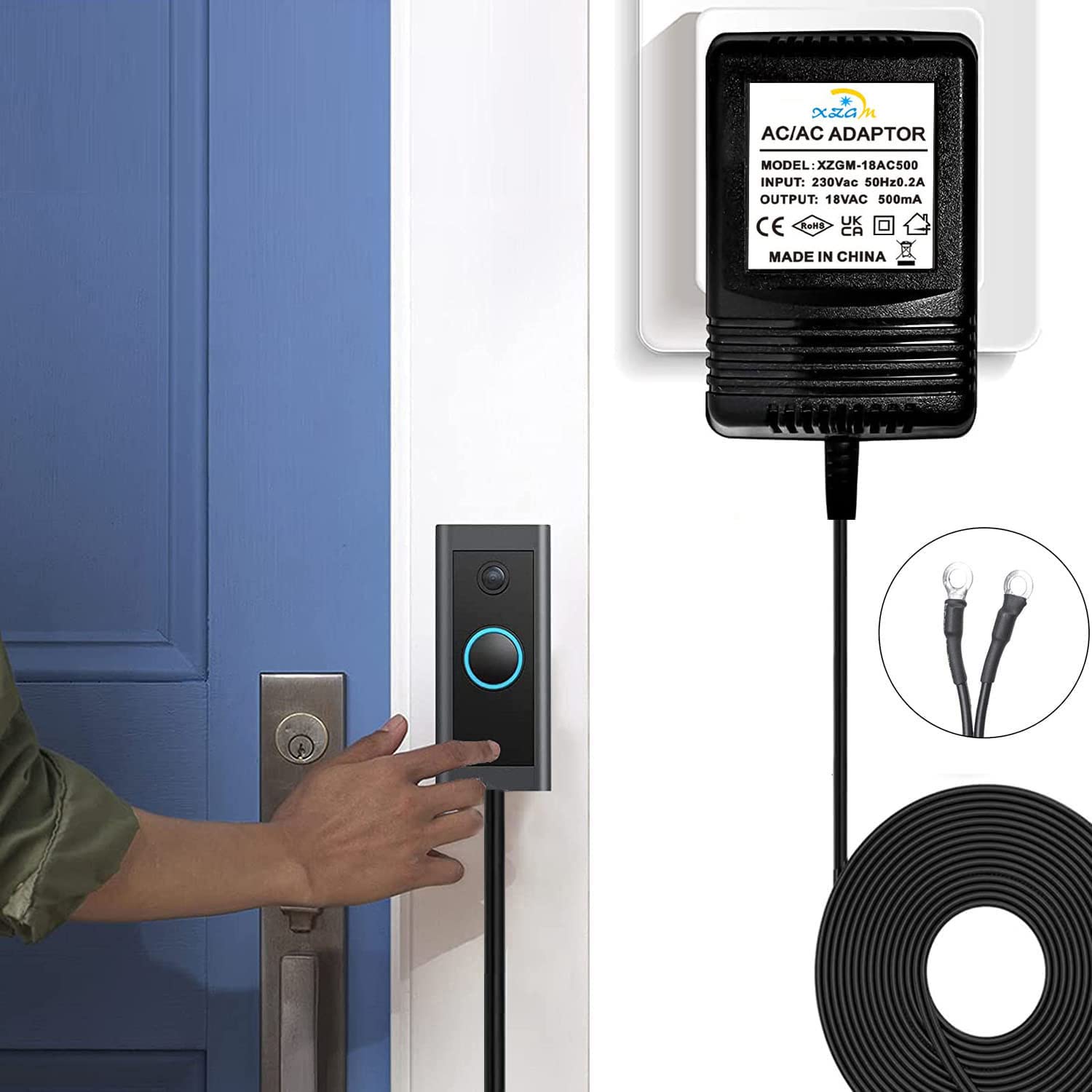 Transformateur de sonnette vidéo 18 V 500 mA pour sonnette vidéo Ring Nest Eufy Arlo Wyze Câble d'extension 8 m Noir