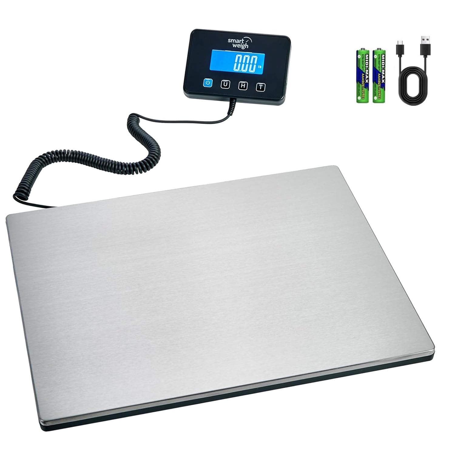 Smart Weigh Digital Postal Shipping Scale, Heavy Duty Wide Platform, 440 lb Capacity, 2 oz Readability, Hold & Tare Function, Includes Batteries & USB-C