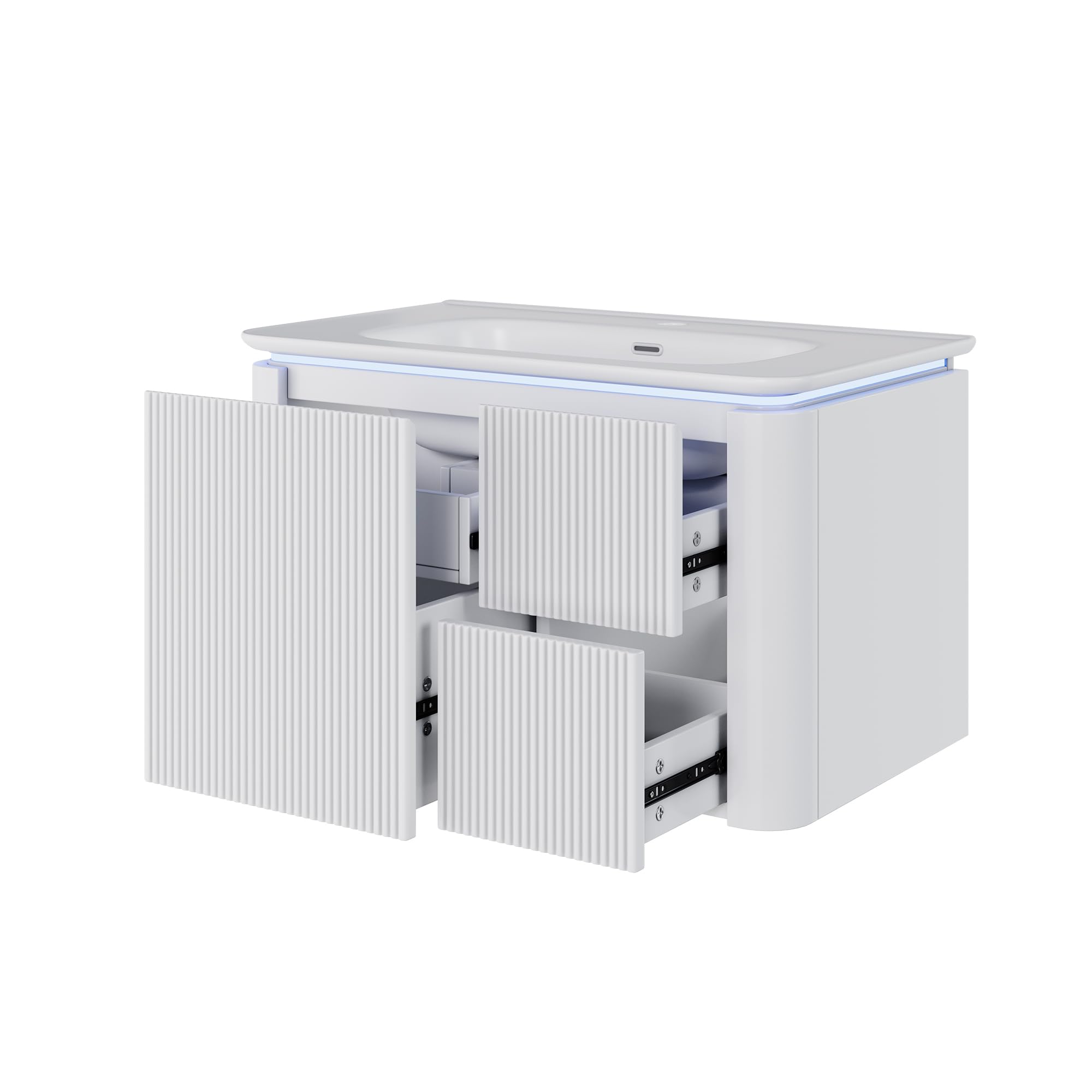 80,5 × 47,5 × 51 cm, mobiletto da bagno a parete sospeso, completamente laccato, struttura verticale, lampada LED con sensore di movimento radar, cassetti silenziosi, lavabo in un unico pezzo