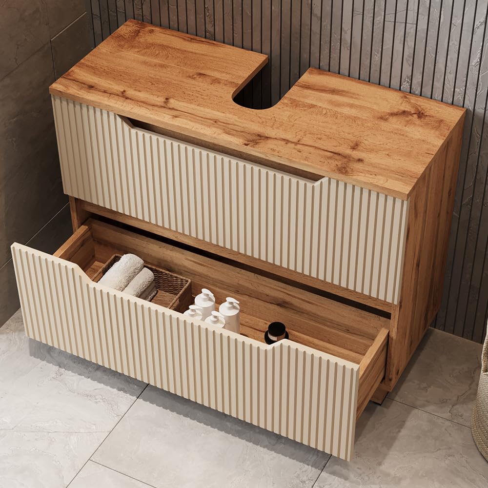 Vicco Meuble sous Vasque Simple Lotta, Cachemire, 79.6x62.5cm avec 2 tiroirs, pour Le Rangement des Accessoires de Salle de Bain et Le raccordement au lavabo