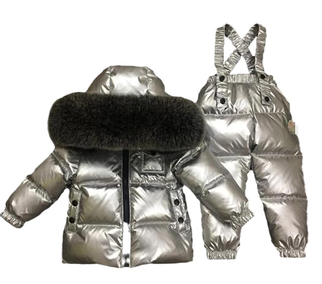 Children Winter Boys Girls Down Jacket Coat and Pants Silver Ski Suit 2 Pieces Natural Fur Collar Baby