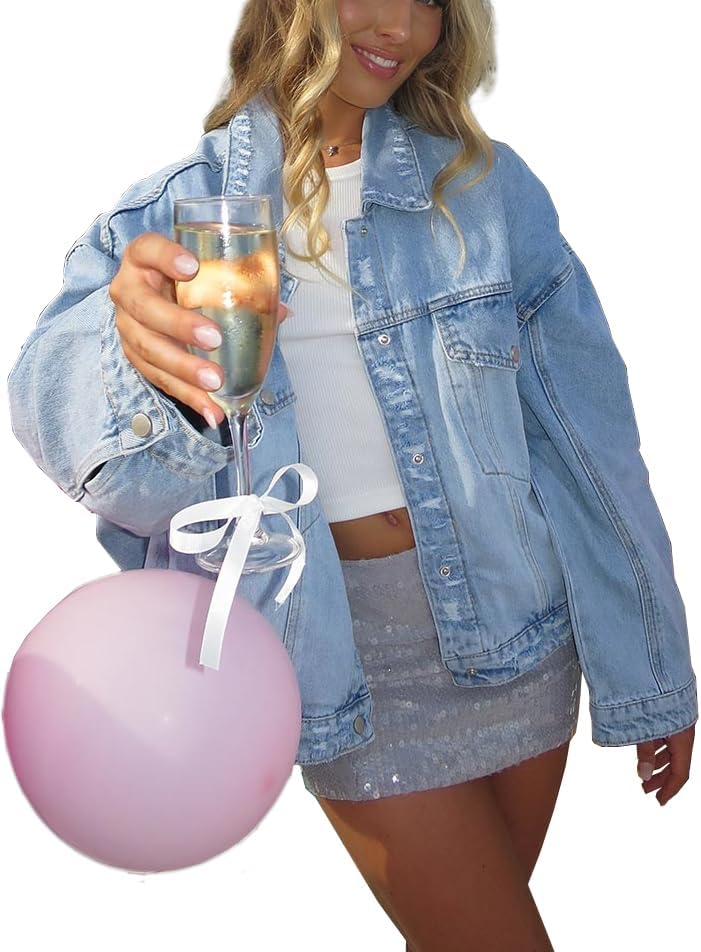 Women Distressed Light Wash Oversized Denim Jacket