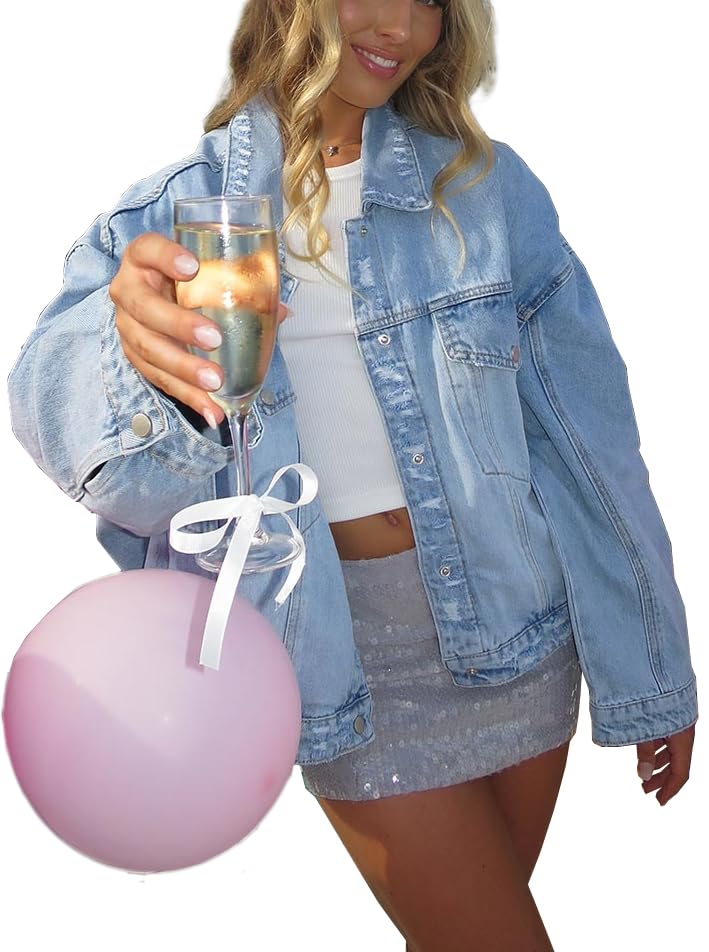 Justalwart Jean Jacket Women Oversized Denim Jacket Distressed Look (US 4-6)