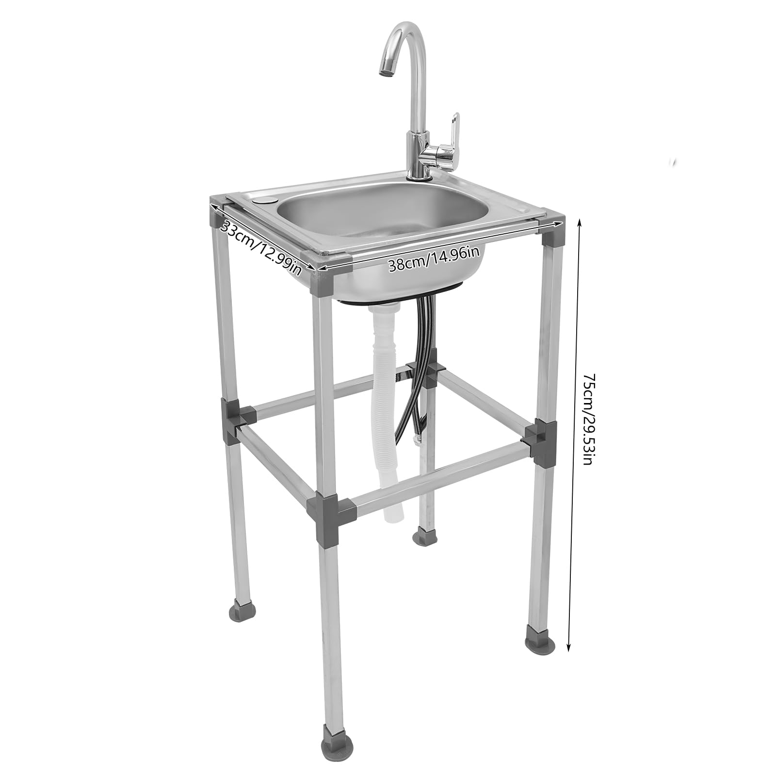 Lavello con base 201, in acciaio inox, autoportante, con rubinetto per acqua calda e fredda, capacità di carico 60 kg, con rubinetto a 360°, lavandino da campeggio (38 x 33 x 75 cm)