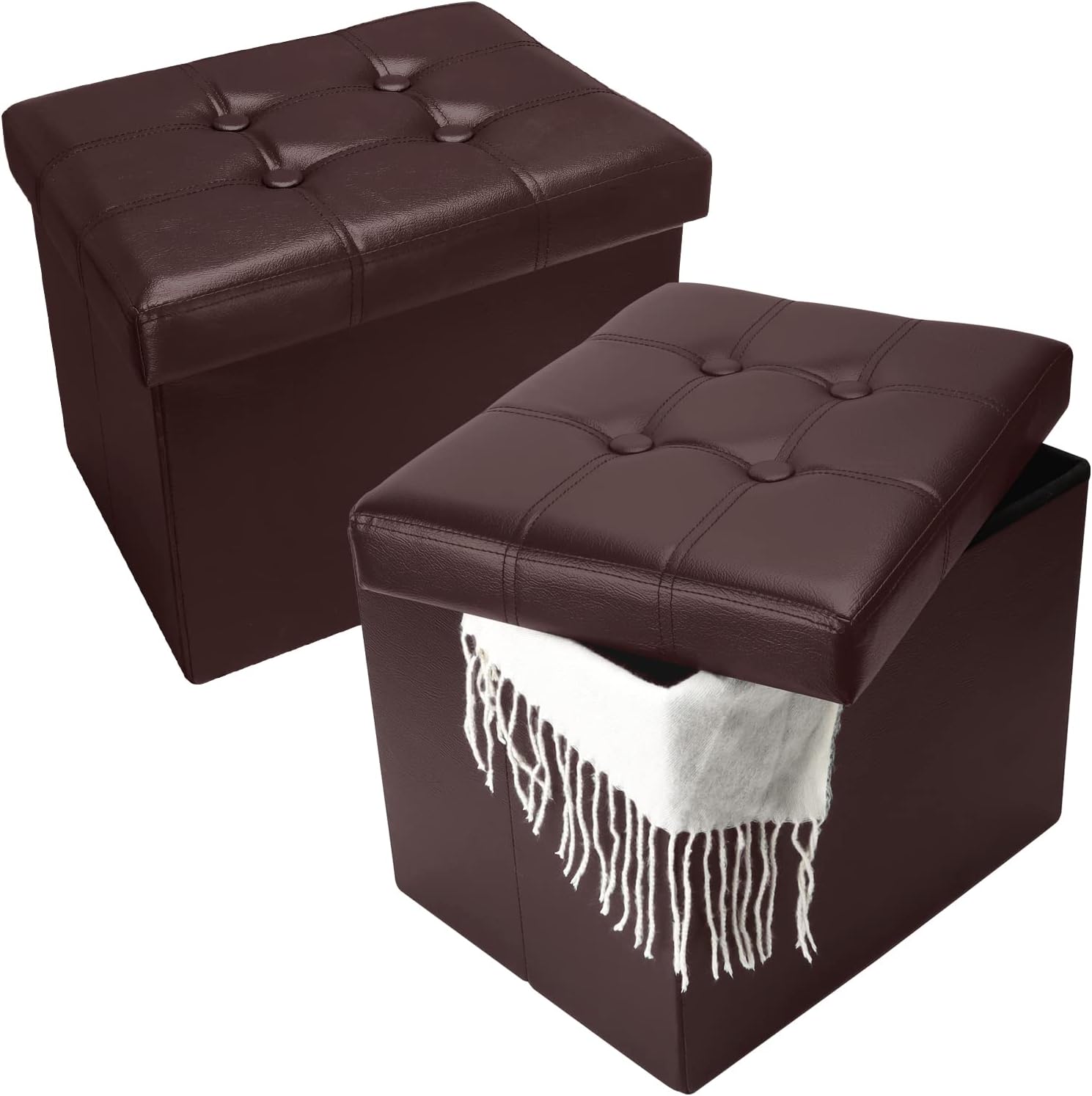 2PC Storage Ottoman, Folding Foot Stool with Thicker Foam Padded Seat Small Leather Storage Ottoman Bench Foot Rest for Living Room Foldable Coffee Table 17x13x13in,Brown