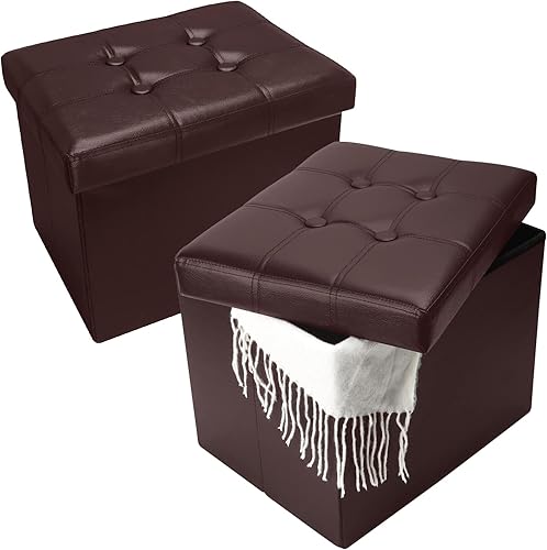 Miniatura 8 de Otomana de almacenamiento, taburete plegable con asiento acolchado de espuma más gruesa, otomana pequeña de almacenamiento de cuero, banco Negro