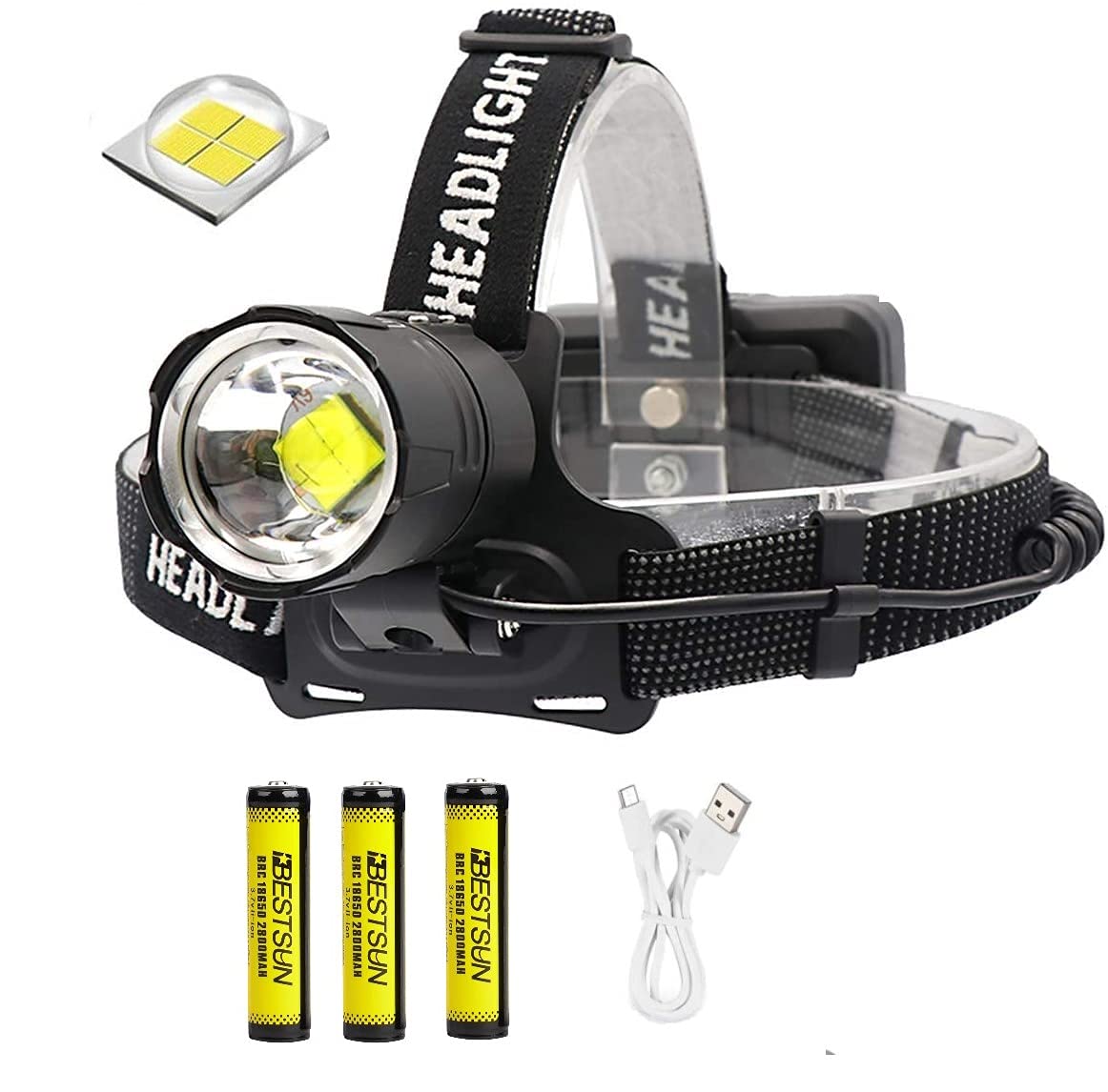 LED Headlamp High Lumens, Super Bright USB Rechargeable XHP70.2 LED Powerful Headlamps,Adjustable Focus 3 Modes Waterproof Headlight with Power Bank Function for Camping Hiking