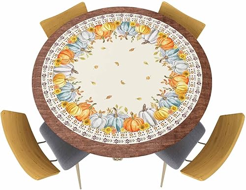 Mantel redondo de calabaza de otoño con borde elástico, mantel ajustable estilo bohemio para mesas redondas, mantel retro de grano de madera a