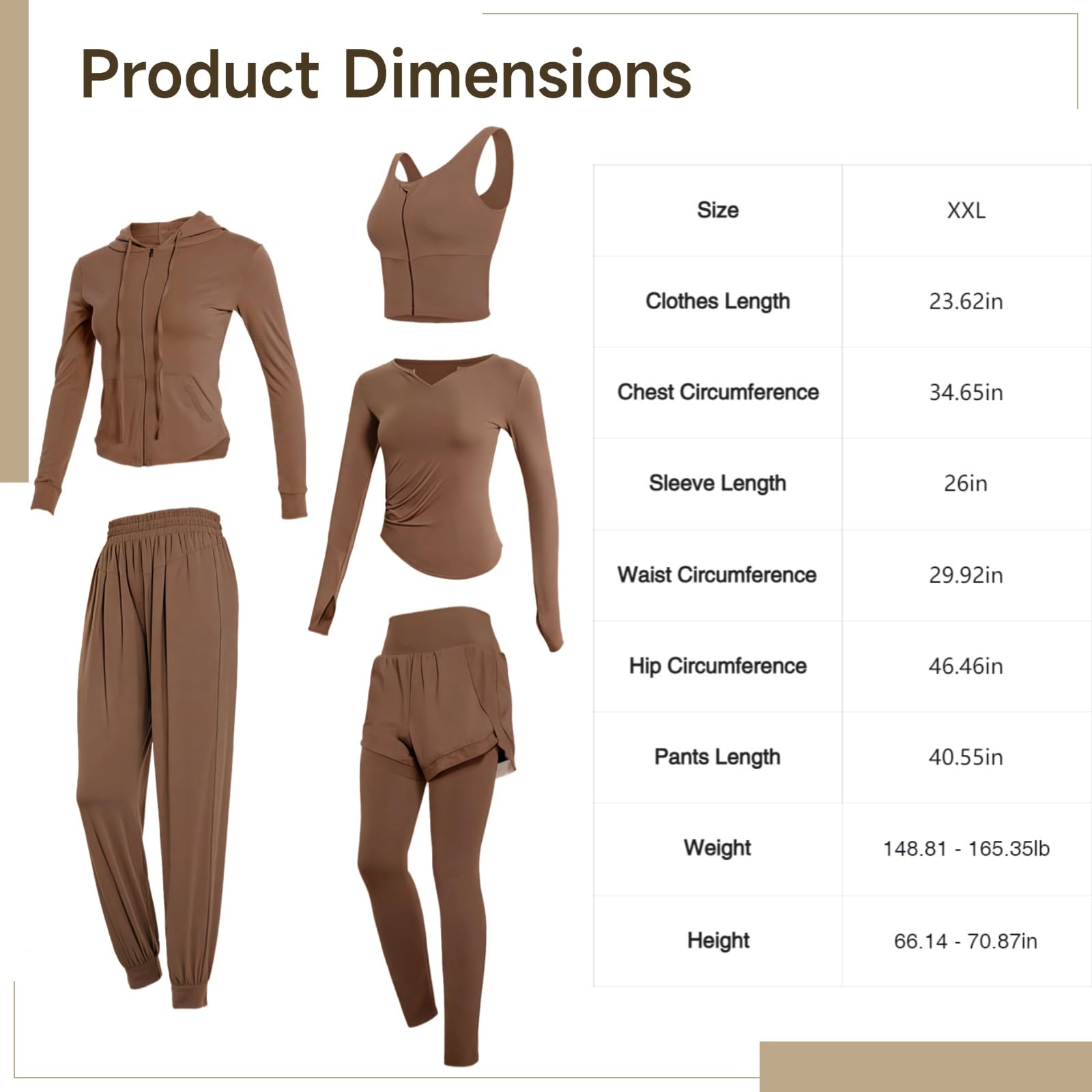 Conjunto de ropa deportiva de 5 piezas para yoga, incluye camisetas de manga larga, tela de poliéster y elastano transpirable, se adapta a mujeres de 5 pies 0 pulgadas a 5 pies 11 pulgadas, soporta
