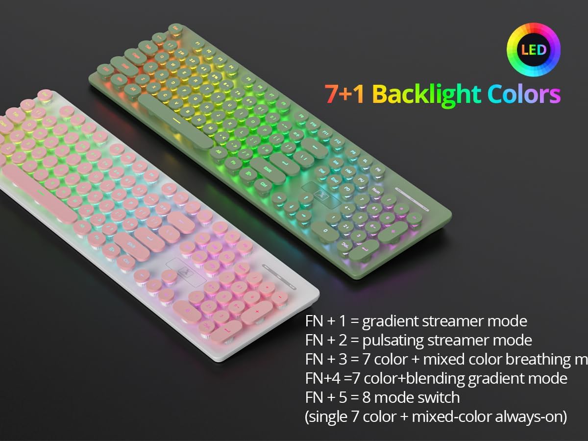 Backlit Wireless Keyboard and Mouse Pink, Quiet Typewriter Keyboard with Round Keys, Rechargeable & Light Up Letters, Full-Size, 2.4GHz Home and Office Keyboard and Mouse Combo (Pink)