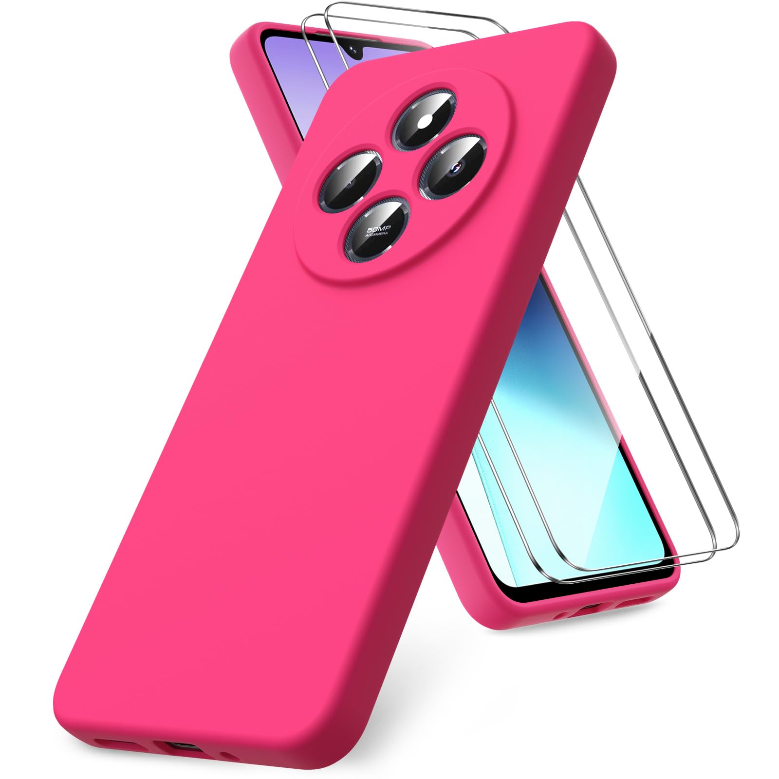 Vansdon Cover Compatibile con Xiaomi Redmi 14C/Xiaomi Poco C75, 2 Pellicola Protettiva in Vetro Temperato, Gomma Gel di Silicone Liquida Antiurto Custodia - Rosa shocking