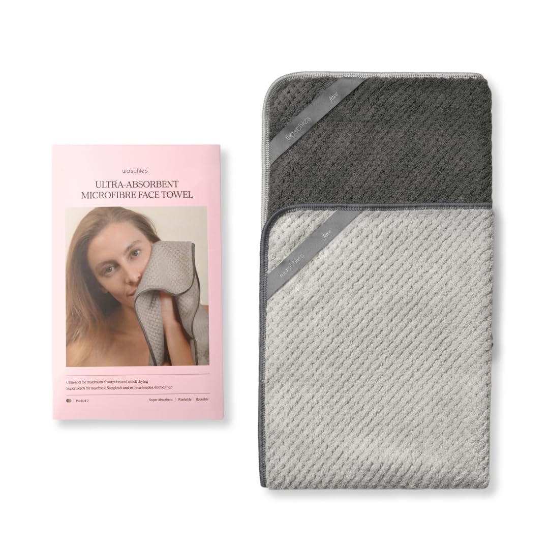 waschies Ultra Absorbent Microfibre Face Towel - Set of 2 Dark Grey/Dove Grey - Quick Drying and Super Soft - Ideal for Daily Care, Travel and Fitness - For All Skin Types