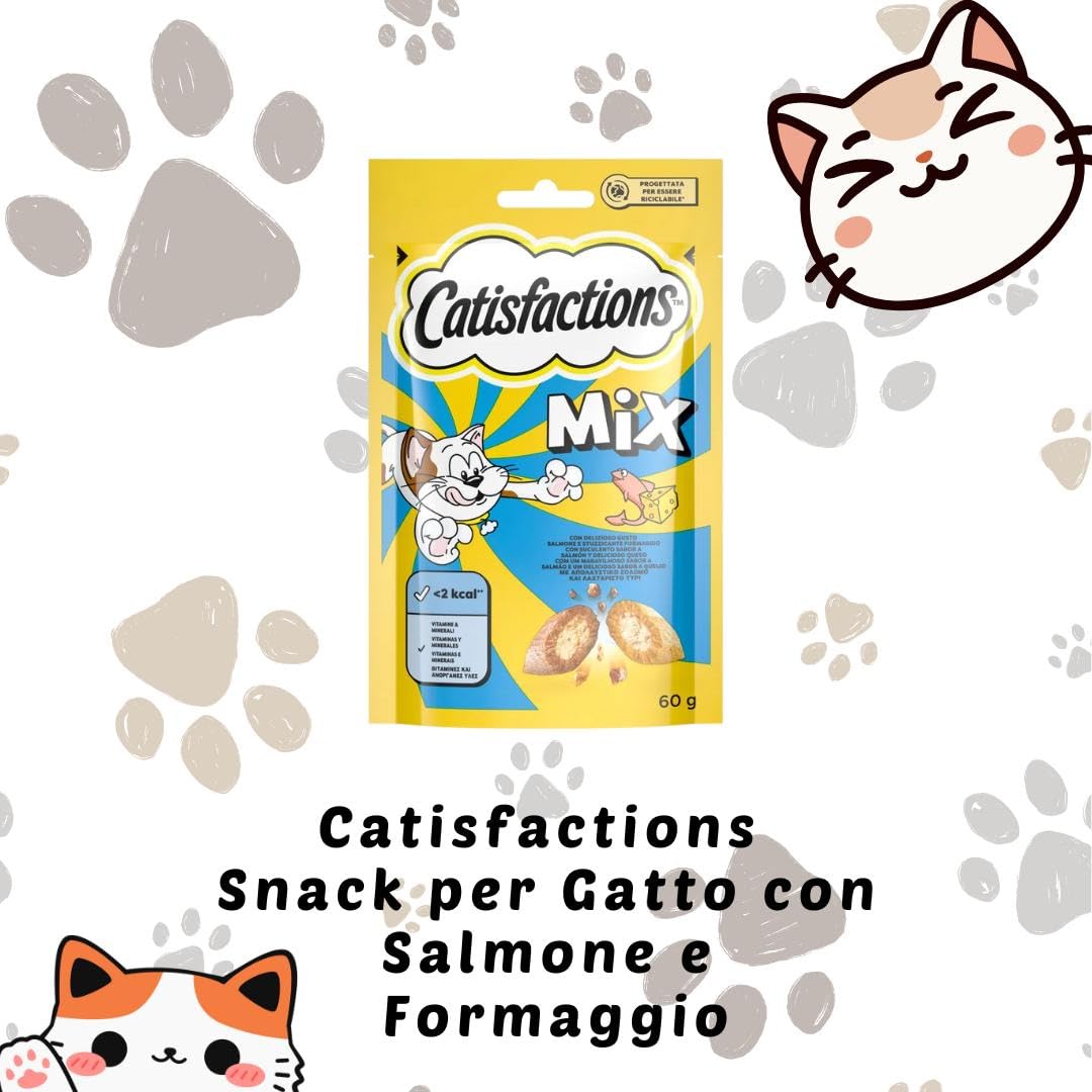 Snack para gatos Catisfactions Mix, aperitivos para gatos adultos y cachorros con sabor salmón y queso | 6 paquetes de 60 gramos cada uno.