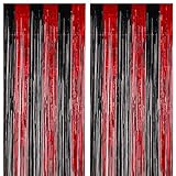 Voircoloria 2 Pack 3.3x8.2 Feet Red and Black Foil Fringe Backdrop Curtains, Tinsel Streamers Birthday Party Decorations, Fringe Backdrop for Graduation, Movie Night, Horror Party