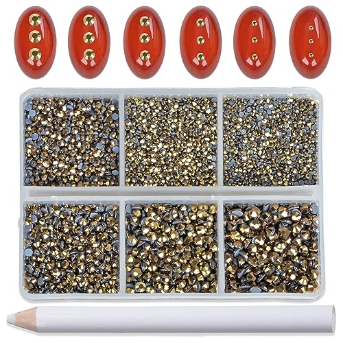 Image of Bymitel Hotfix Crystal Rhinestones Round Gems for Crafts,Mixed 6 Sizes with Wax Pencil Kit, Aurum1.3-3.2mm(SS3-SS12 /8000pcs)