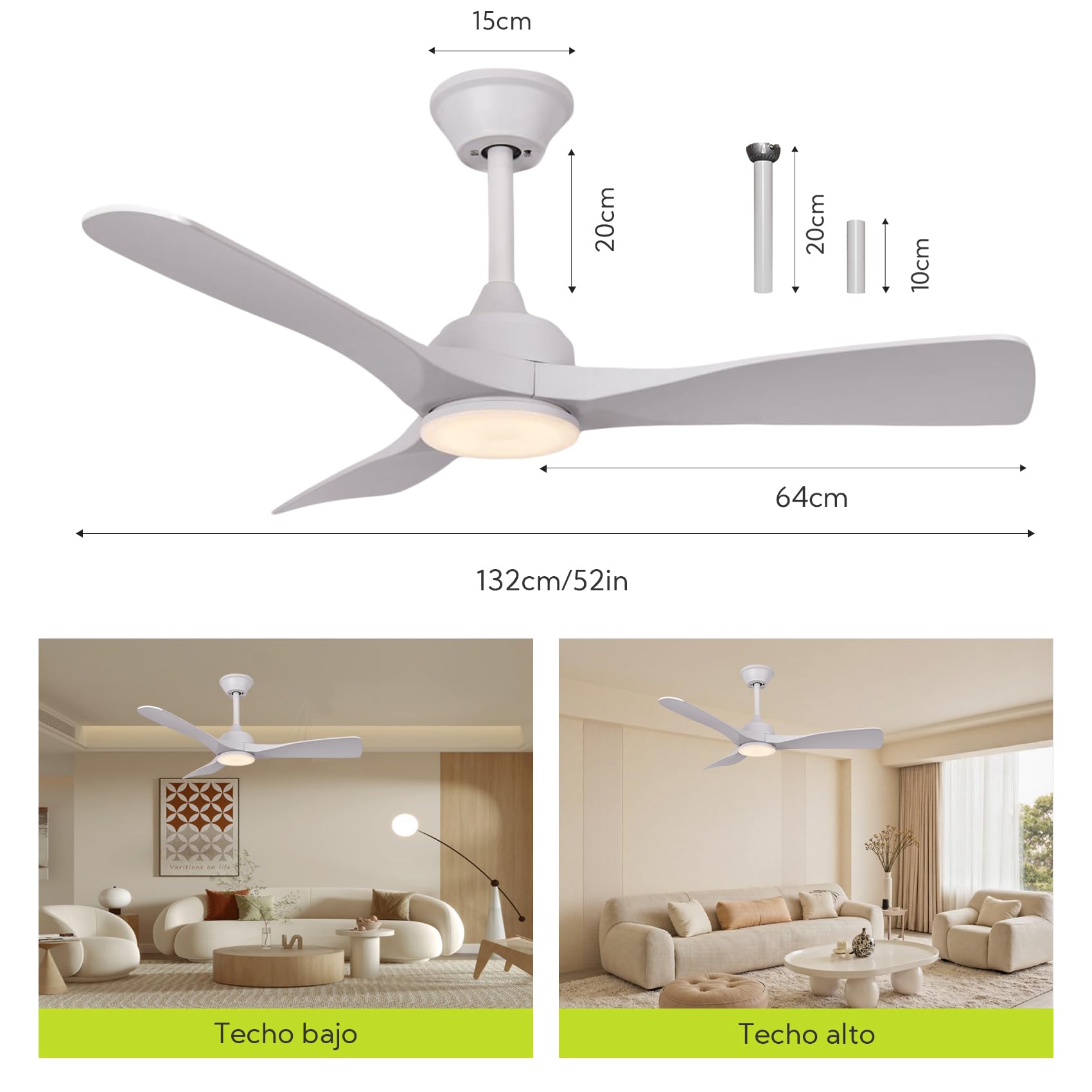Ventilador de Techo Grande con Luz y Mando 132cm (52"), Motor DC Silencioso, 3 Aspas plástico, LED Regulable, Ventilador Moderno Bajo Consumo para Salones, Blanco
