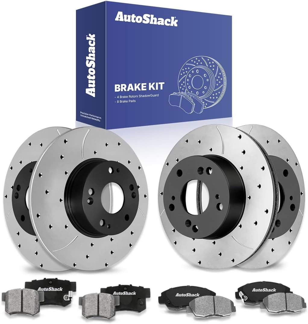 AutoShack Front Vented & Rear Solid Drilled & Slotted E-Coated Brake Rotors + Ceramic Pads 12-PC Brake Kit Replacement for 2006-2011 Honda Civic ShadowGuard