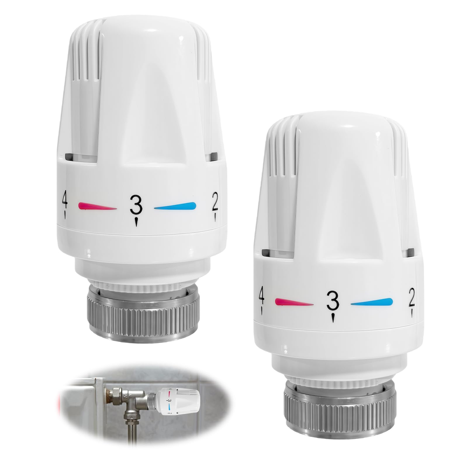 2 Pack Thermostatic Radiator Valve Head, M30 x 1.5 TRV Replacement Head with 5-Level Temperature Control and Anti-Freeze Function, White Automatic Heating Control for Home and Office