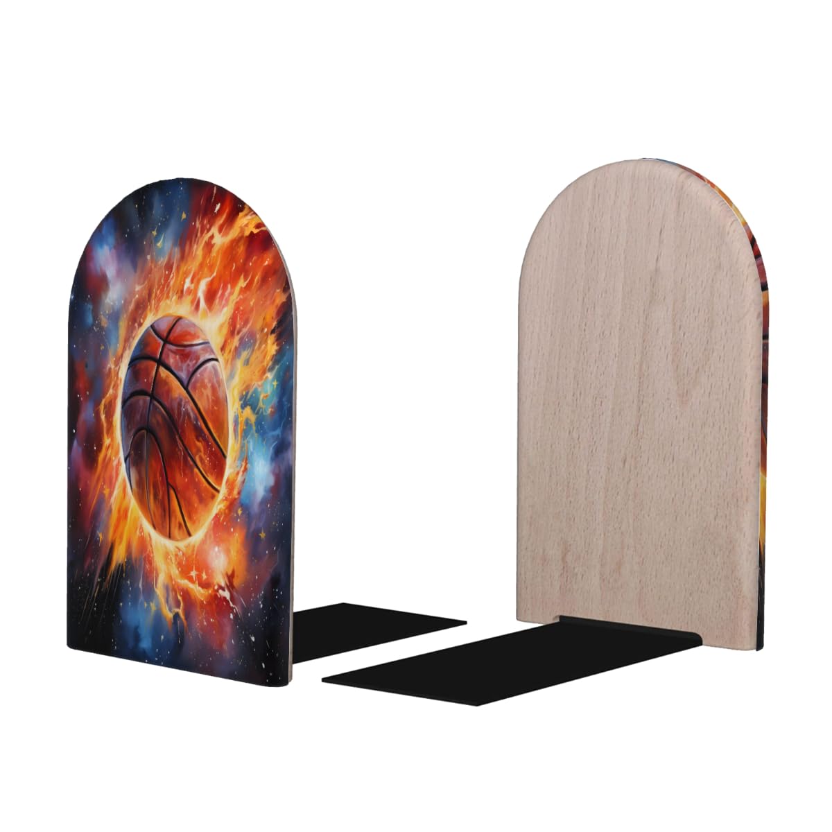 (2 PCS/1 Pairs) Wood Bookends Basketball Fire Decorative Wood Bookends for Student School Shelves Kids Room Desk Home Office Book Stoppers for Holiding Books 5x3 Inch