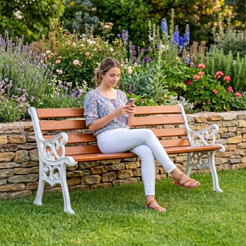 Image of BRISHI 3 Seater Cast Iron FRP Garden Bench for Indoor & Outdoor Park /Patio /Living Room /Terrace /Balcony (White + Brown)