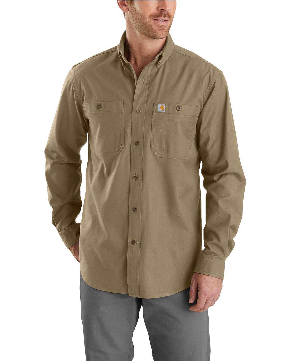 Carhartt Men's Big & Tall Rugged Flex Rigby Long Sleeve Work Shirt Utility Button, Dark Khaki, Large Tall