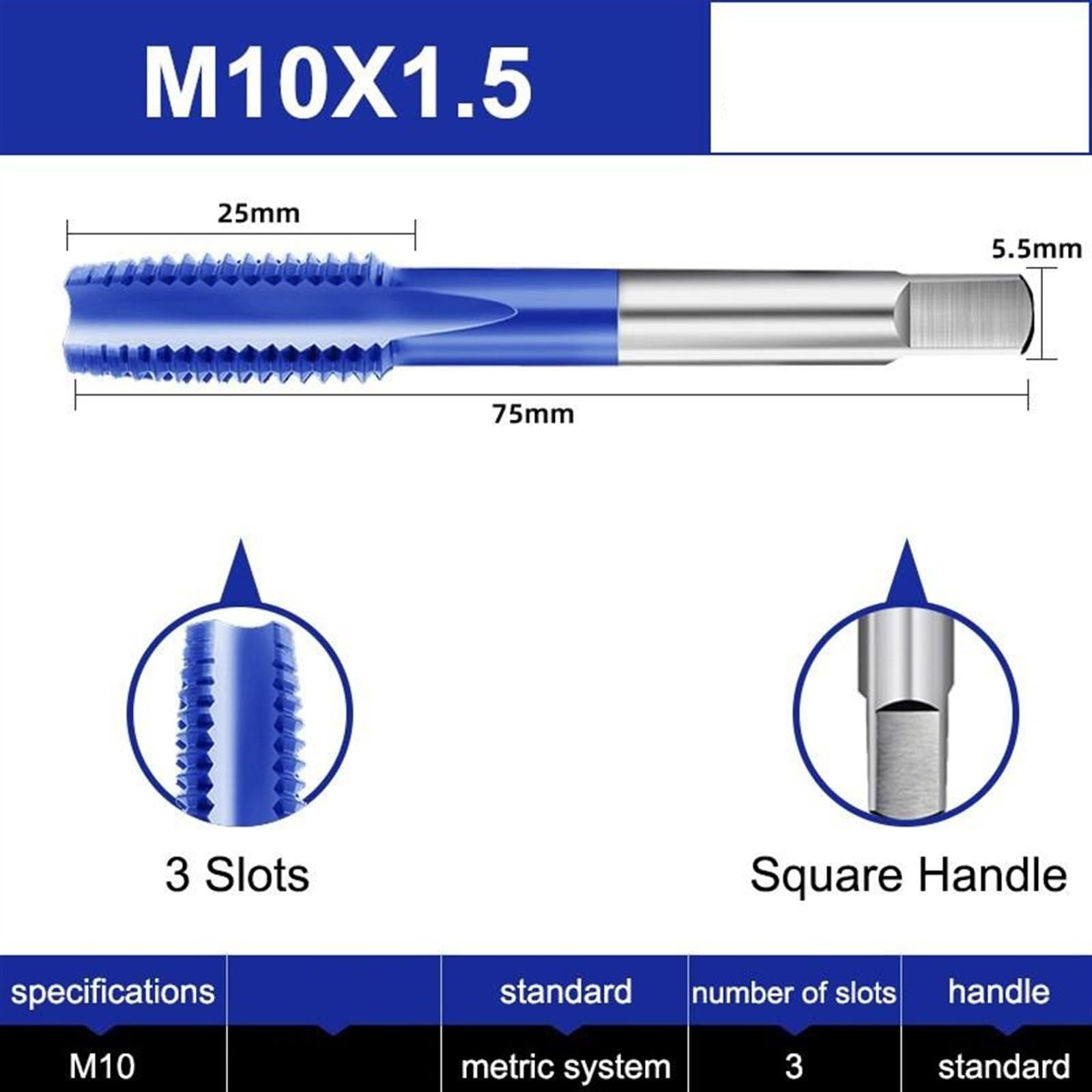 Macho de roscar con Punta Especial de Acero Inoxidable Azul de Alta Velocidad con Cobalto, M35, M2/M3/M4/M5/M6/M8 (Color: M10x1.5-Recto, tamaño: 1 Unidad)