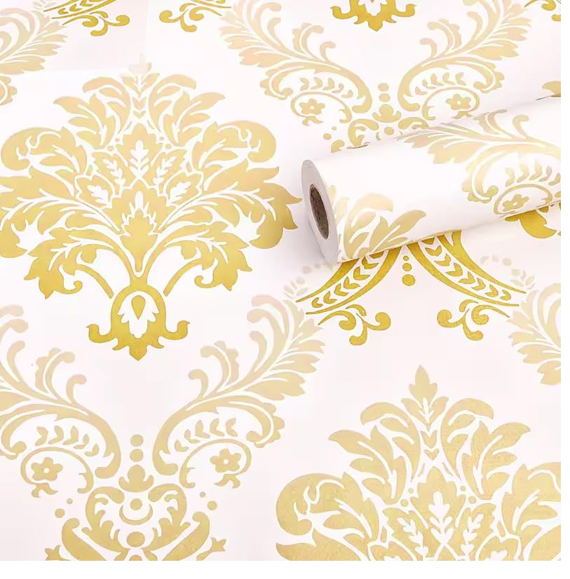 BEMINH Gold and White Damask Peel and Stick Waterproof Wallpaper, Printed Golden Blooming Wall Paper Decorative Self Adhesive Shelf Drawer (45x500 cm) (B0CZTX74M2) Amazon Price History, Amazon Price Tracker