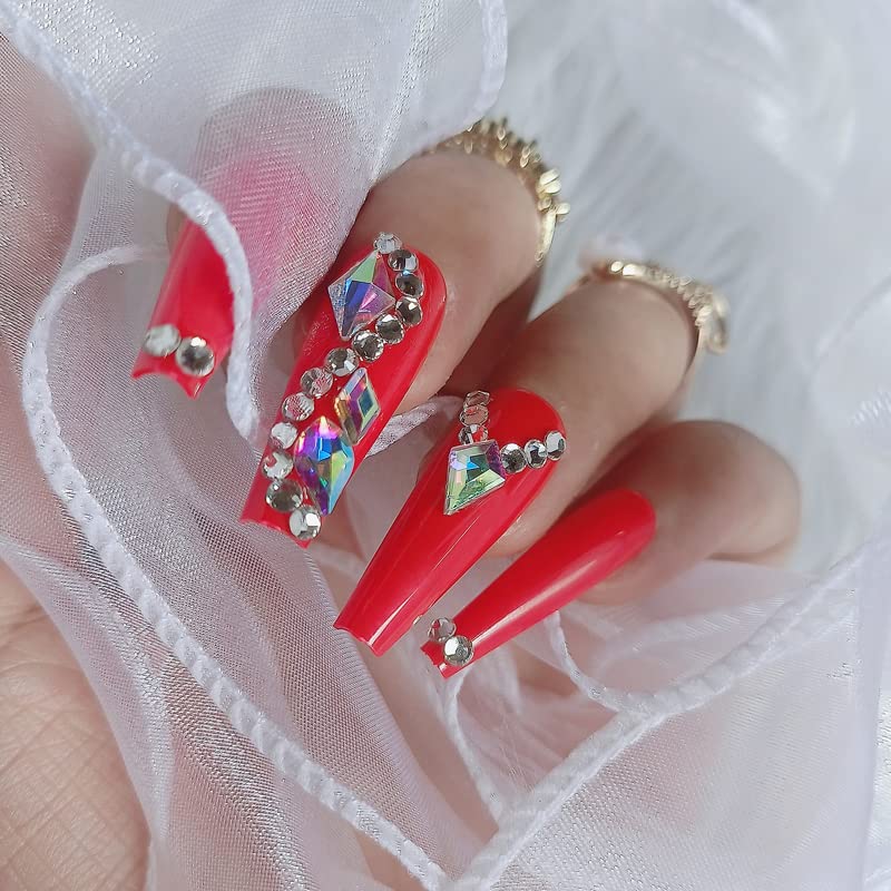 Uñas postizas a presión rojas de lujo con diamantes de imitación, uñas postizas cuadradas extralargas, 24 unidades, brillantes, cobertura completa,