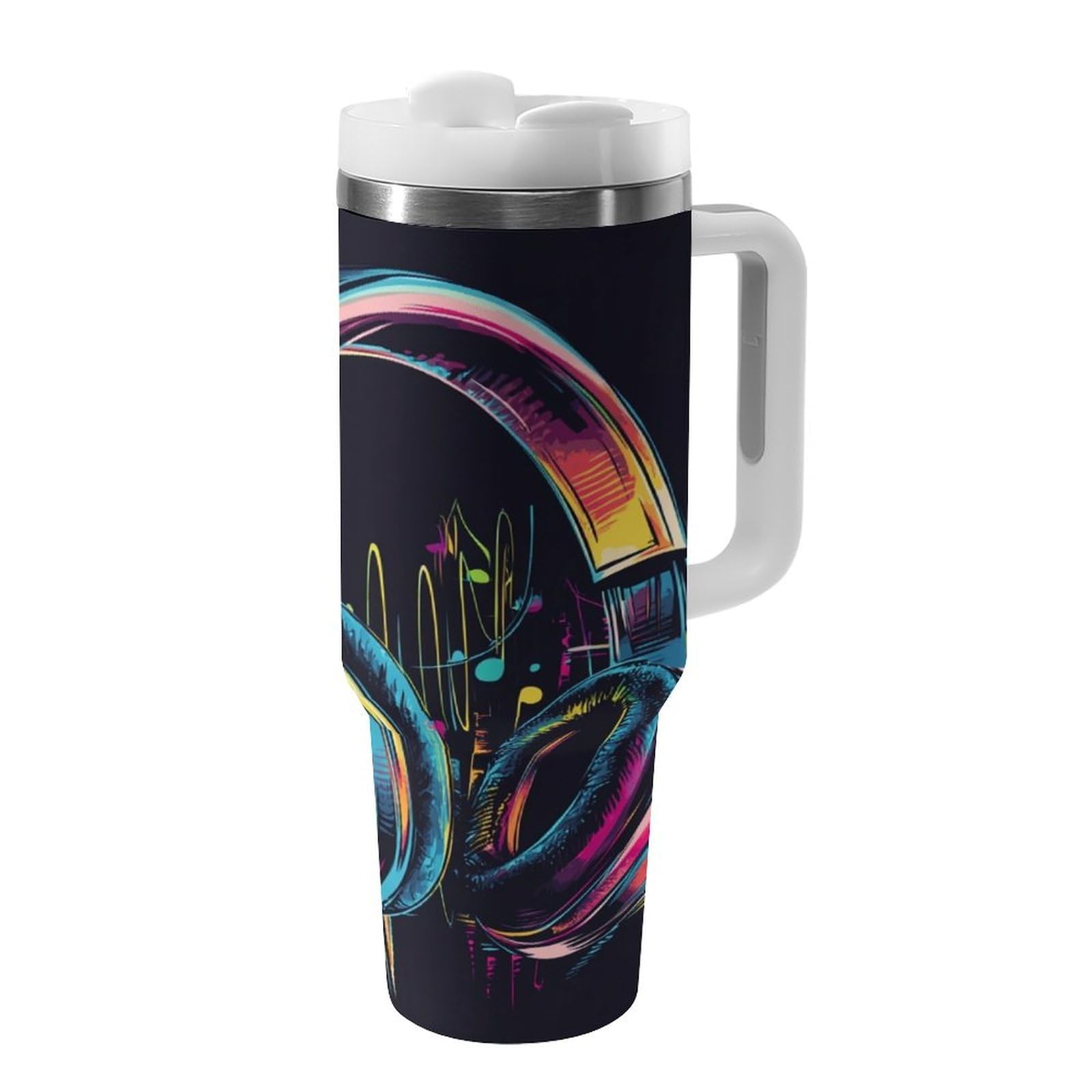 NBKGRJHIO Colorful Headphones Tumbler Insulated Travel Coffee Mug Car Cup Stainless Steel with Lid Handle Straw 40OZ