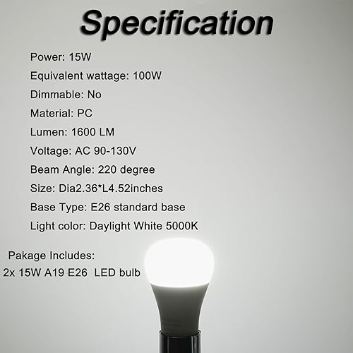 Miniatura 2 de Bombilla LED, equivalente a A19 de 100 W, eficiente 15 W, 1600 lúmenes, luz diurna 5000 K, base estándar E26, no regulable, bombillas LED para