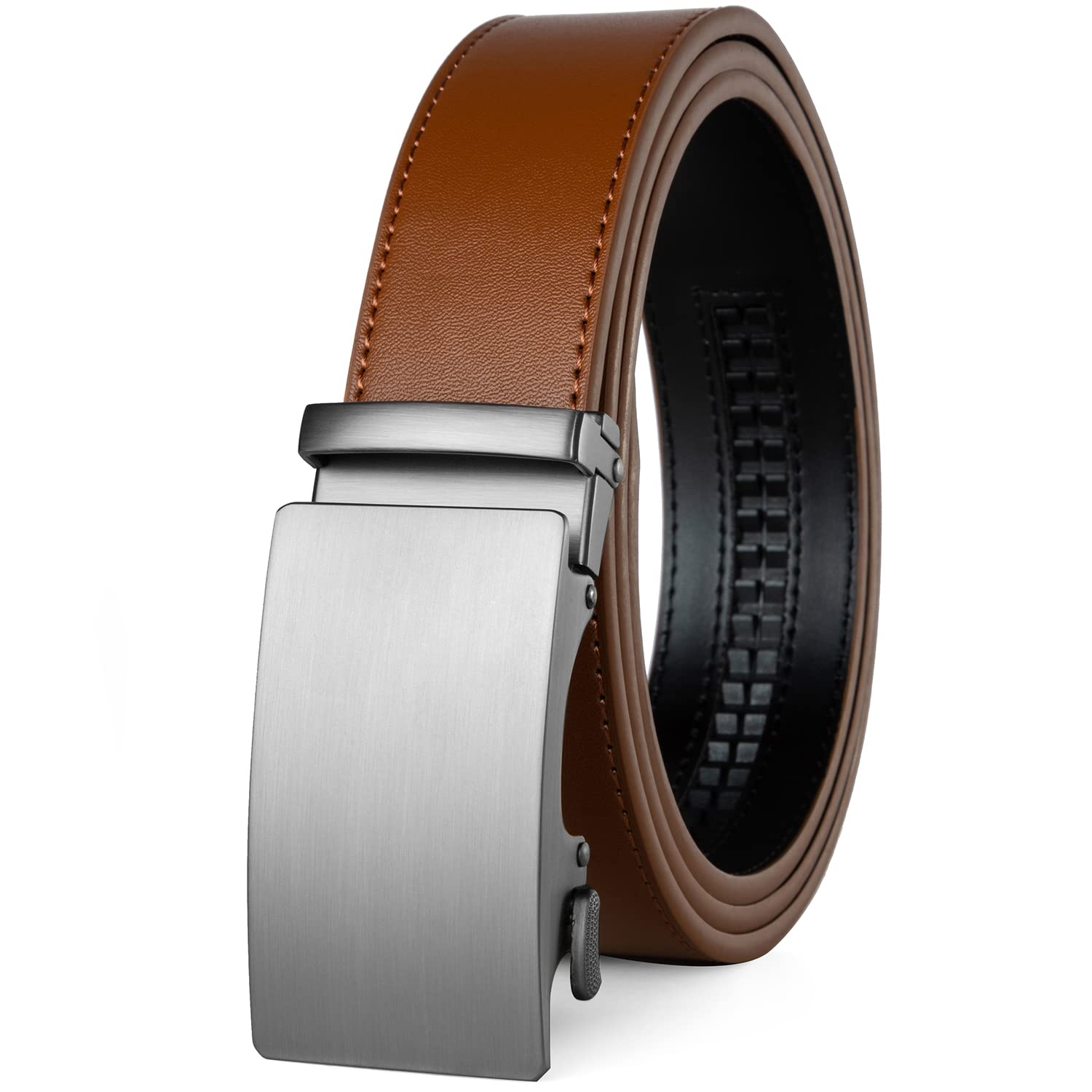 Drowsmen Leather ratchet belt 1 3/8" with Sliding Automatic Buckle, Adjustable belt Trim to Fit (32"-38" Waist Adjustable, Tan Belts)