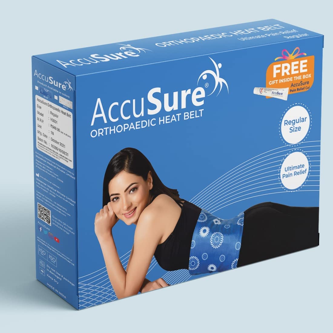 Suman Surgico Accu-Sure Orthopaedic Fast Heating Belt with 3 Level Heating Control for Fast Pain Relief at Back|Waist|Abdomen|Shoulder| Comes with Soft Washable Printed Cloth Cover - Regular-Blue